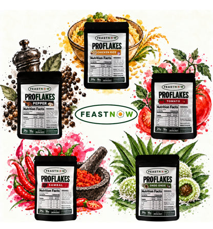 FeastNow ProFlakes high-protein chicken flakes flavour range