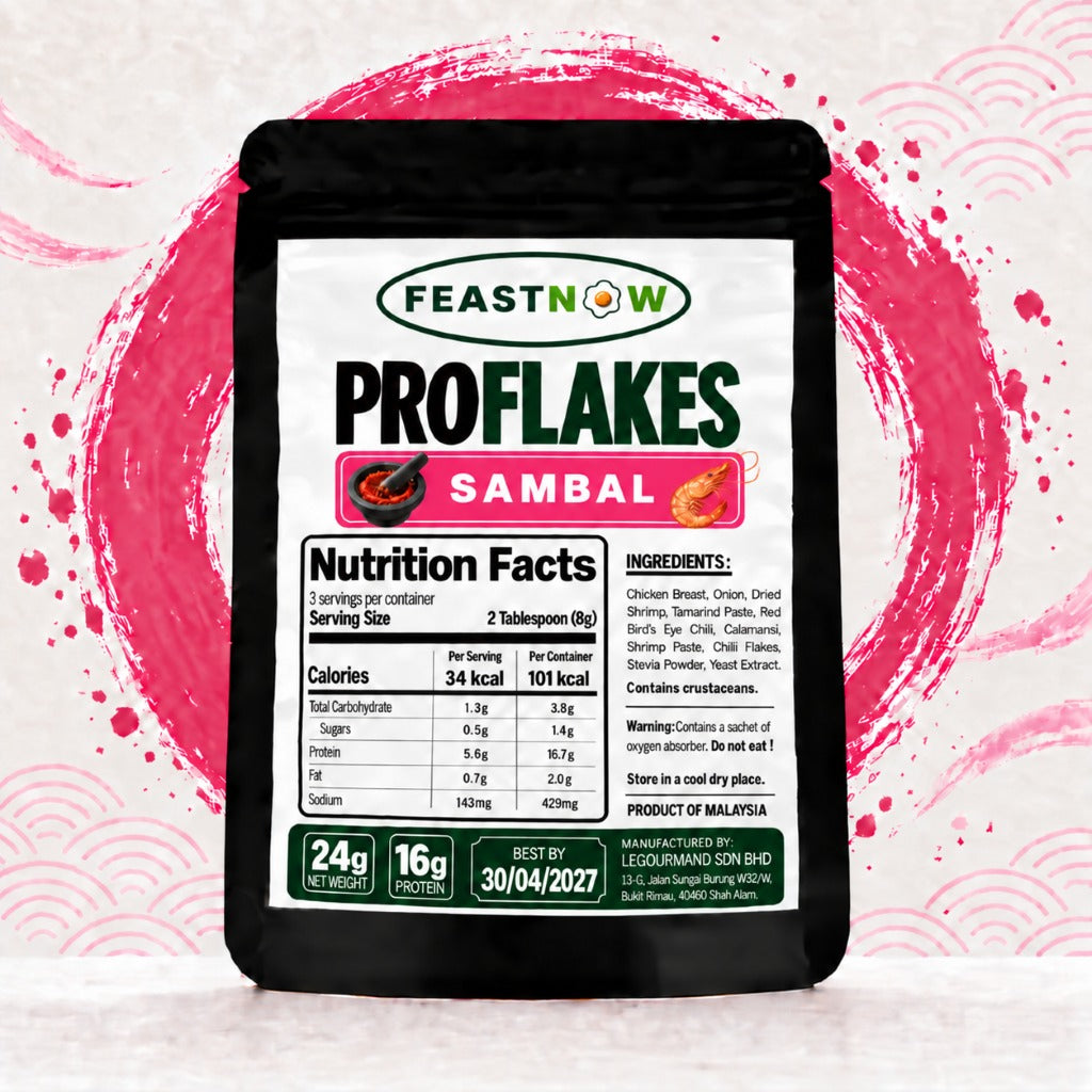 FeastNow ProFlakes Sambal 24g pack – high-protein chicken breast flakes